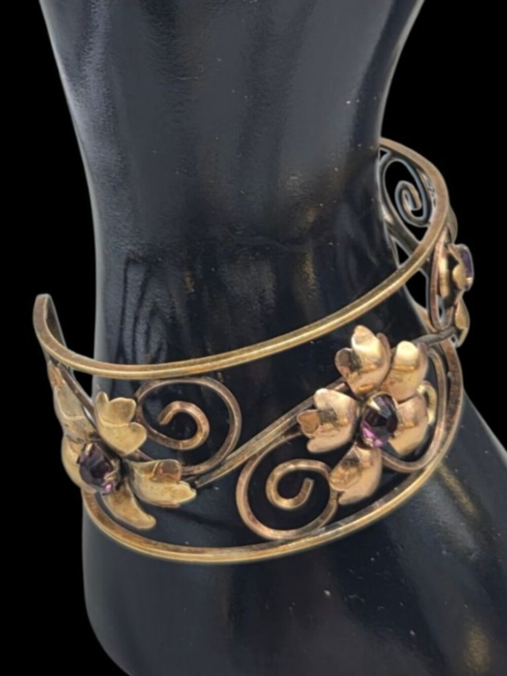 VTG Harper 1/20 12K Gold Filled Filigree Amethyst Flower Cuff Bracelet 6.5" - Picture 4 of 16